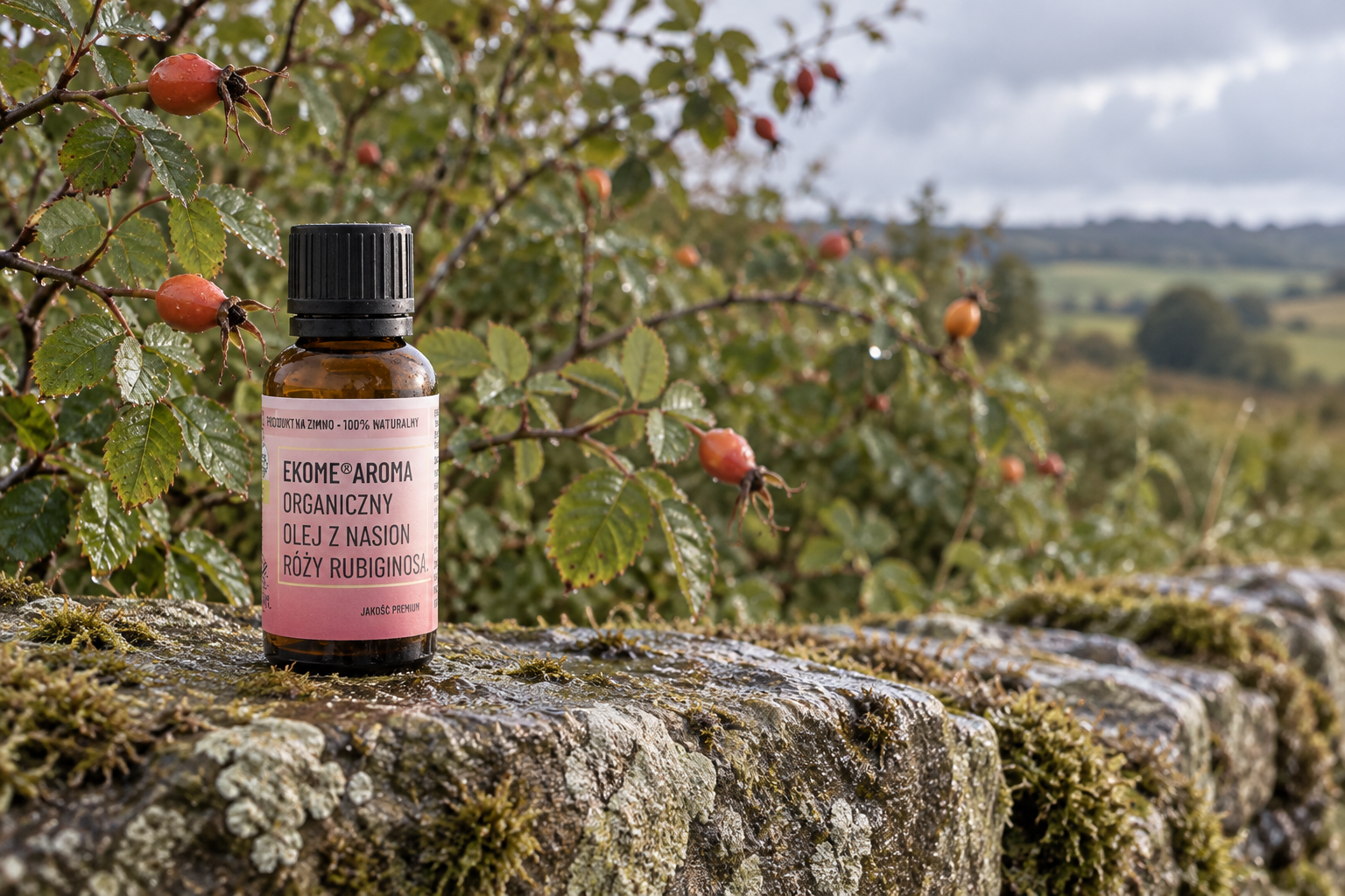 Dzika róża rubiginosa organiczny olej Ekome i owoce róży Brązowa butelka organicznego oleju z nasion dzikiej róży Rosa rubiginosa Ekome Aroma 30 ml przy gałązkach z owocami róży